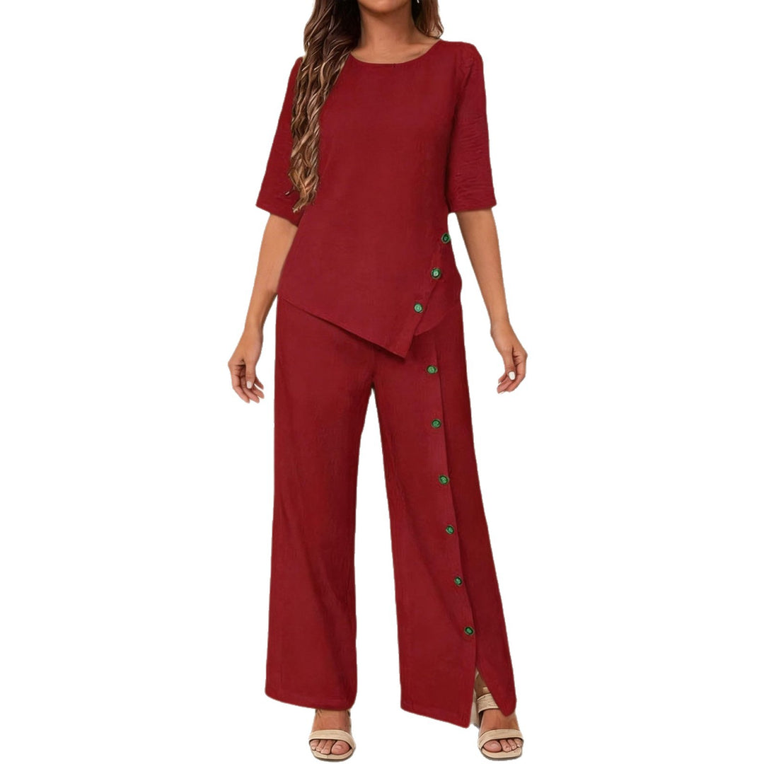 Damen asymmetrisches zweiteiliges Lounge-Set mit 3/4-Ärmeln und seitlicher Knopfverzierung Shop Nory