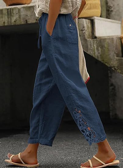 Damen luftige Leinenhose mit dekorativen Stickereien