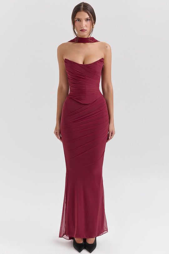 Damen Elegantes Couture-Maxikleid mit schulterfreiem Design und raffinierten Drapierungen