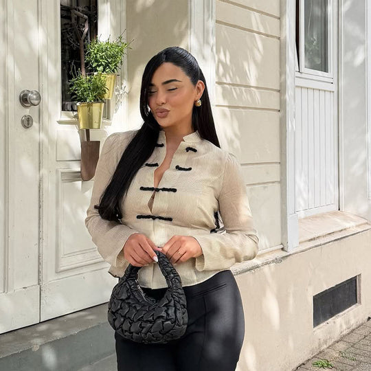 Damen Chinesisch-inspirierte Cordjacke mit Stehkragen, Froschverschlüssen & Taillengürtel Shop Nory