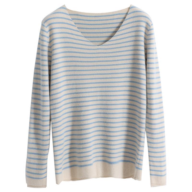 Damen Zarter Streifen-V‑Ausschnittpullover aus feinem Rippstrick mit weichem Fall Shop Nory