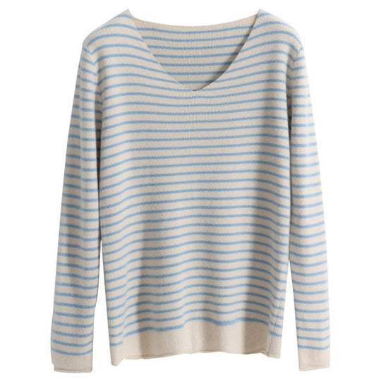 Damen Zarter Streifen-V‑Ausschnittpullover aus feinem Rippstrick mit weichem Fall Shop Nory