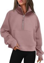Damen nan weit geschnittenes Kurzpullover mit Stehkragen, halbem Reißverschluss und Kängurutasche Shop Nory