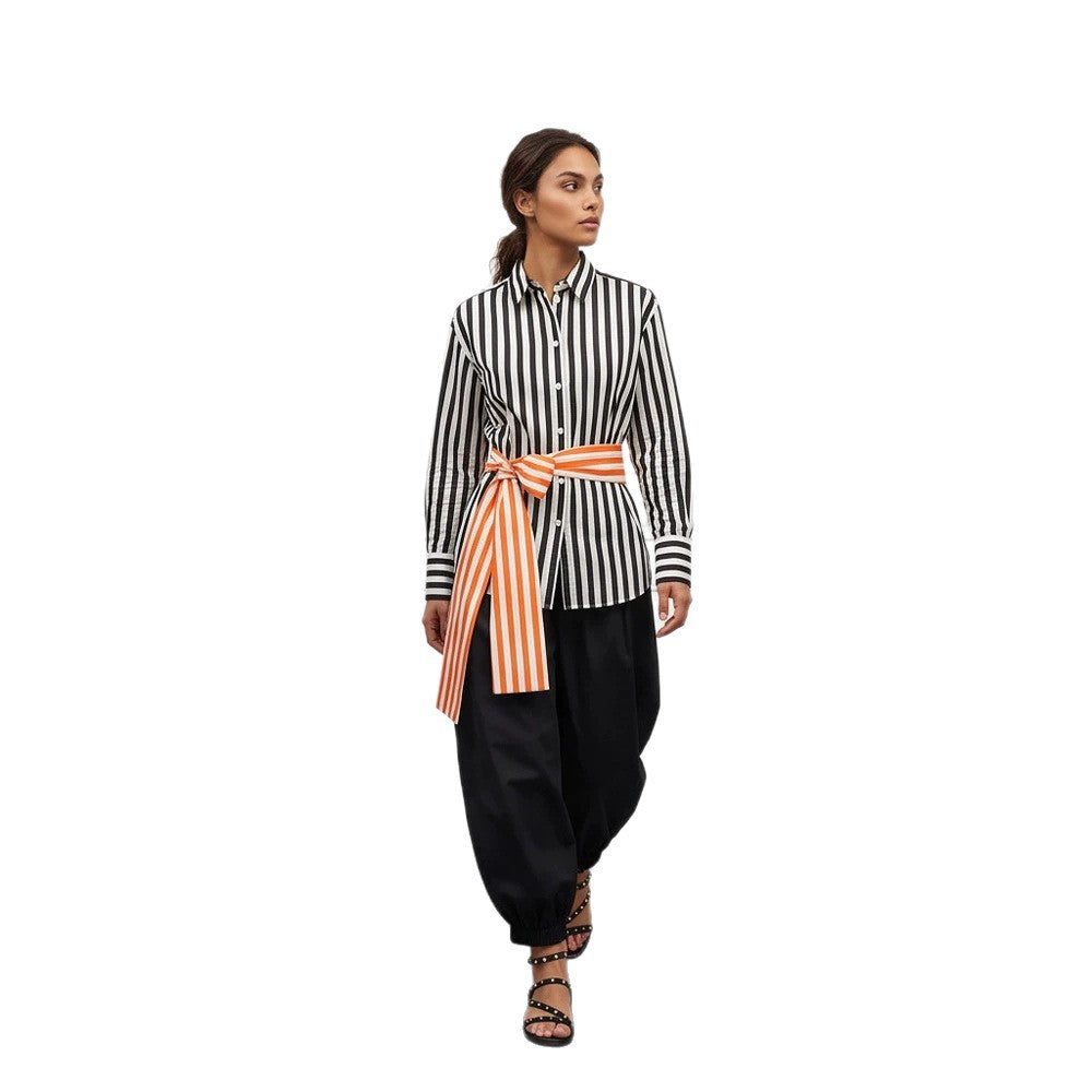 Damen Vertikalgestreifte Oversize‑Hemdbluse mit kastiger Silhouette und Bindegürtel Shop Nory