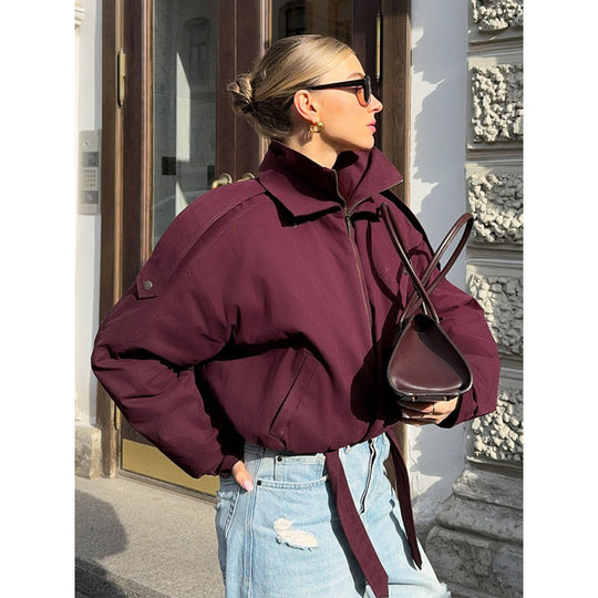 Damen Kurz geschnittene Oversize-Bomberjacke mit hohem Stehkragen, Tunnelzug und Schulterklappen Shop Nory
