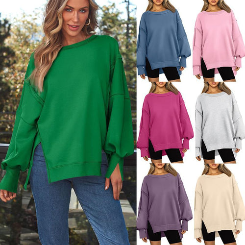 Damen Weiches Longline-Sweatshirt mit Ballonärmeln, seitlichen Schlitzen und geripptem Saum Shop Nory