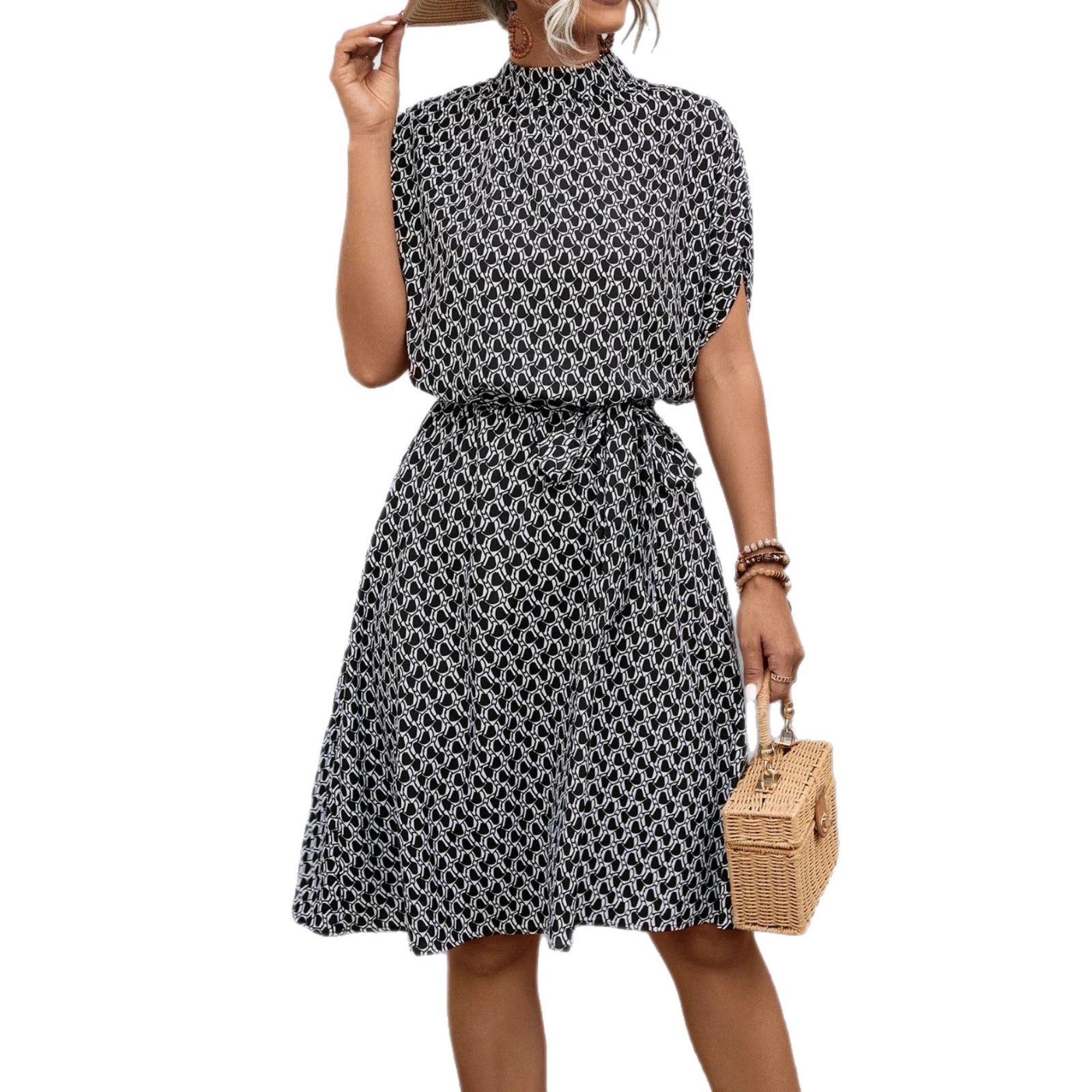 Damen Midikleid mit elegantem Bindegürtel und modischem Stehkragen