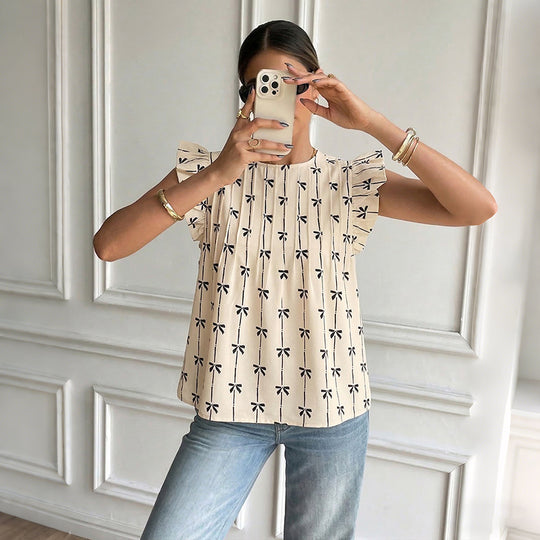 Damen Leichte Baumwollbluse mit Rüschenärmeln, Plissee-Falten und Schleifenprint Shop Nory