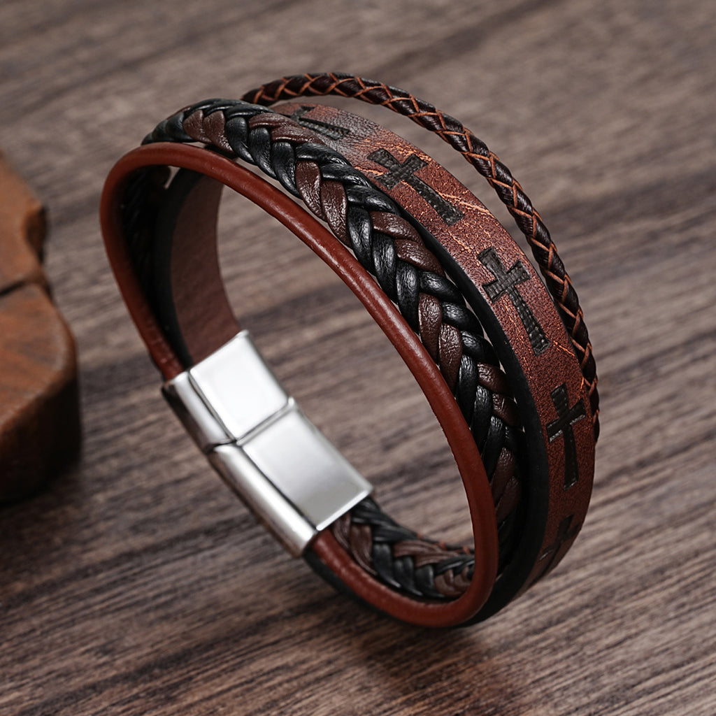 Damen multifunktionales Lederarmband mit geflochtenem Design und Kreuzsymbolen Shop Nory