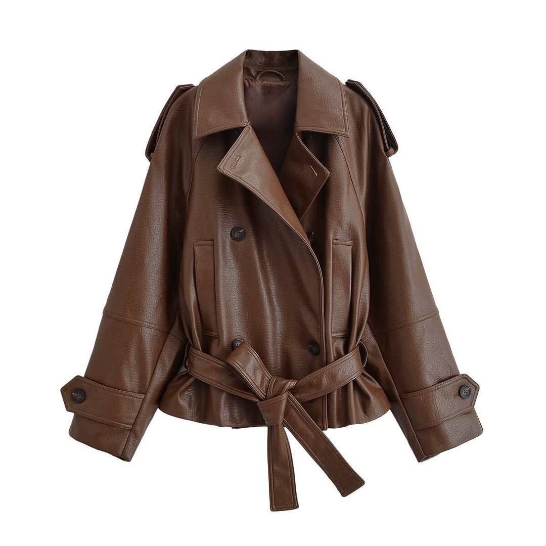 Damen Cropped Doppelreihiger Kunstleder-Trench mit Taillengürtel und Schulterpatten Shop Nory
