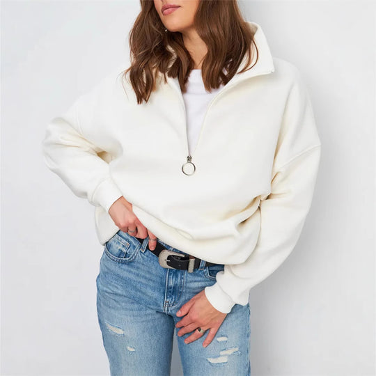 Damen Oversized Halbzip Sweater mit hohem Stehkragen und Rippbündchen Shop Nory