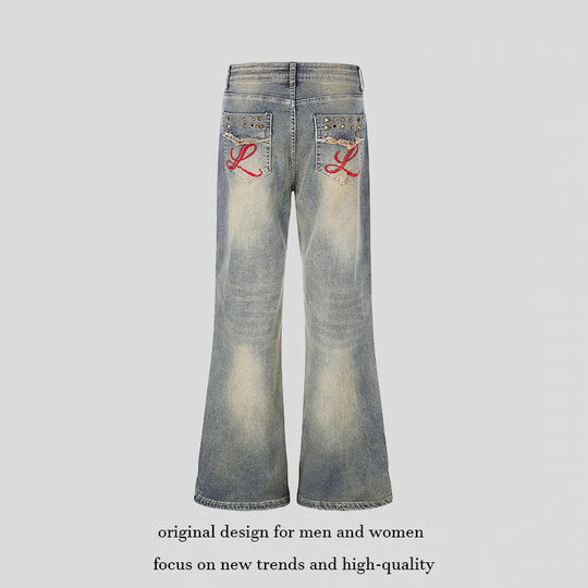 Damen Weite High‑Waist Flared-Jeans mit Used-Effekt, bestickten Gesäßtaschen und Nieten Shop Nory