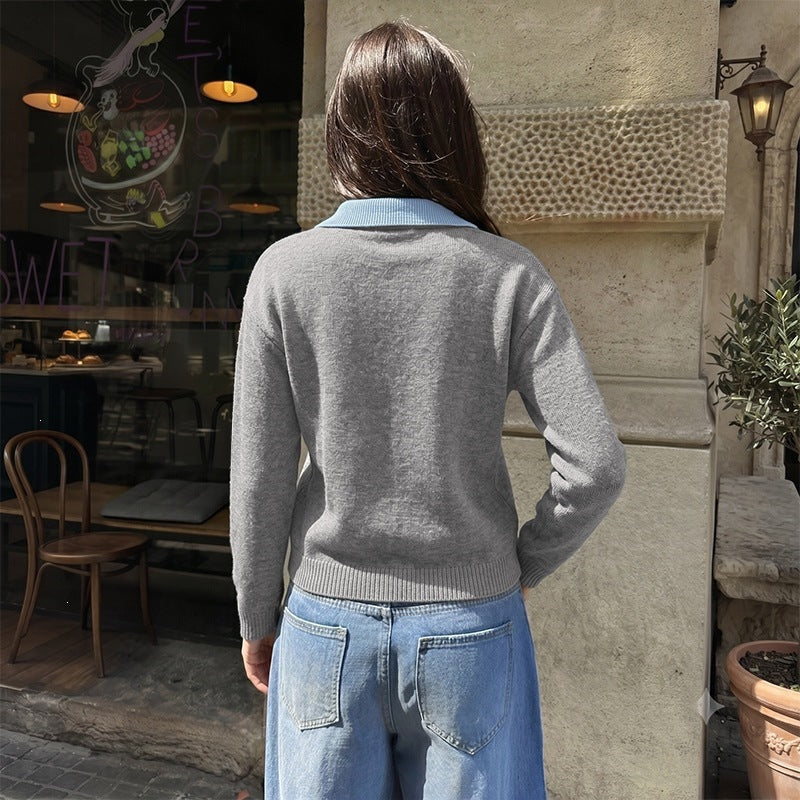 Damen Feinstrick-Polo-Pullover mit kontrastierendem Hemdkragen und V-Ausschnitt Shop Nory