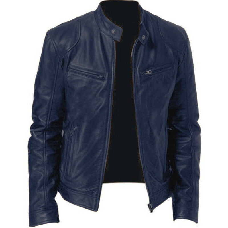 Herren schlanke Echtleder-Bikerjacke mit Stehkragen, zwei Brust-Reißverschlusstaschen und geradliniger Silhouette Shop Nory