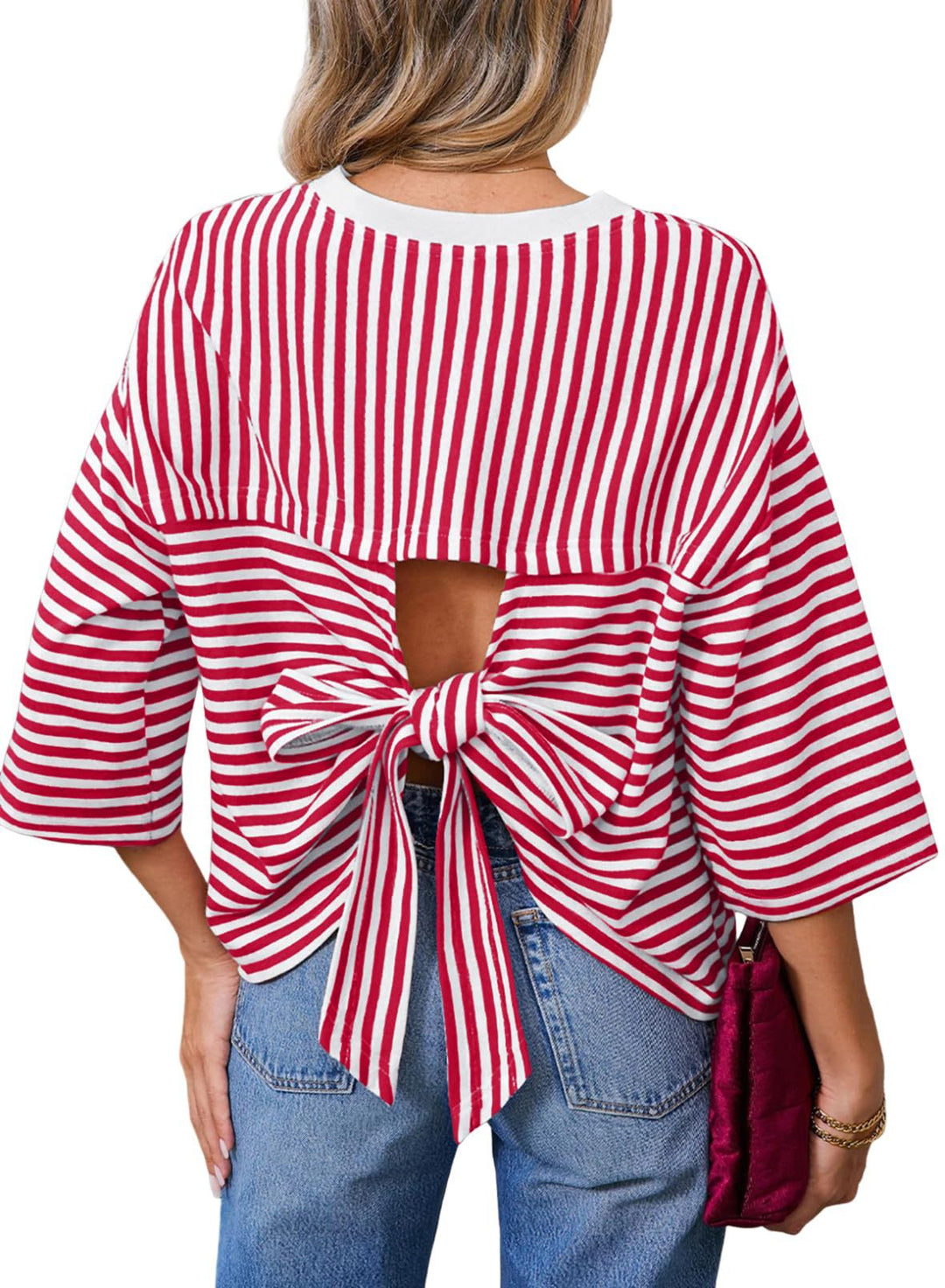 Damen Gestreiftes Oversize-Shirt mit Rückenausschnitt und Schleifenbindung Shop Nory