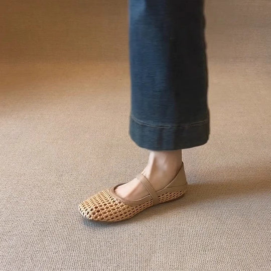 Damen atmungsaktive Kunstleder-Ballerinas mit geflochtenem Design