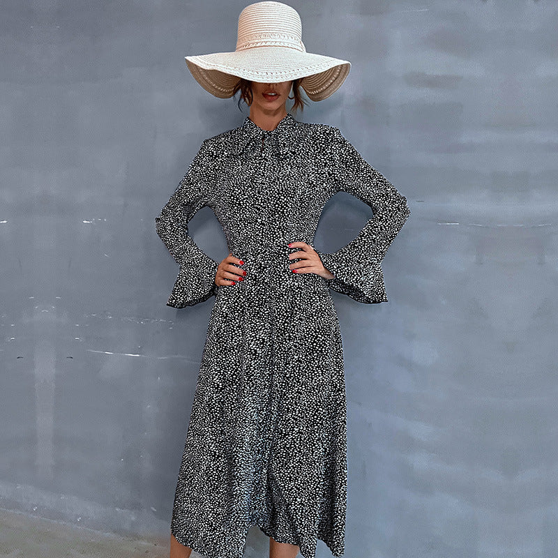 Damen Midikleid mit Stehkragen und Bindeschleife, Langarm A‑Linie mit feinem Pünktchenmuster Shop Nory