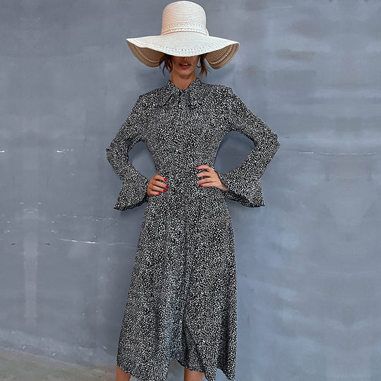 Damen Midikleid mit Stehkragen und Bindeschleife, Langarm A‑Linie mit feinem Pünktchenmuster Shop Nory