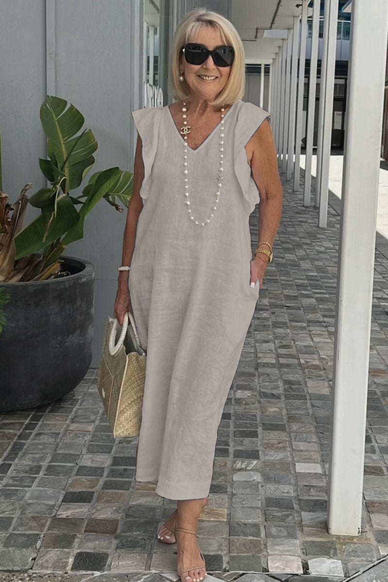 Damen Maxikleid mit V-Ausschnitt und angeschnittenem Ärmel
