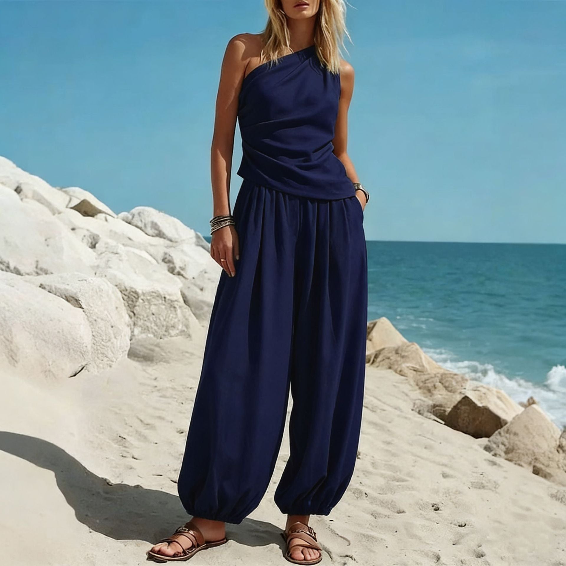 Damen Elegantes Einteiler-Outfit mit Fließendem Schnitt und One-Shoulder-Design