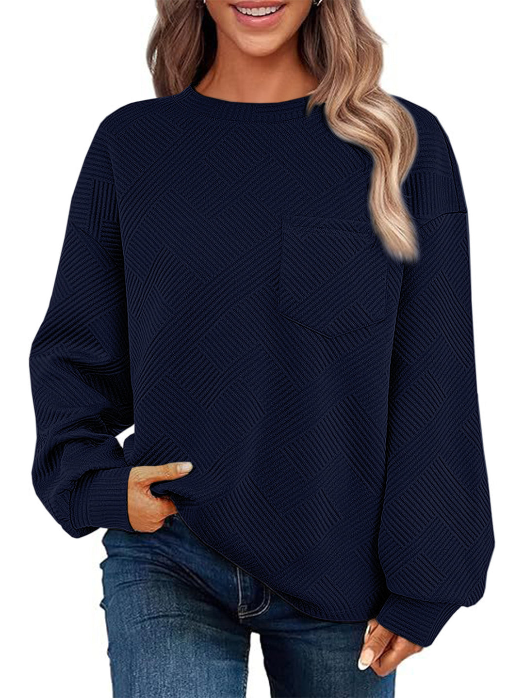 Damen Oversize Strukturstrick-Pullover mit Brusttasche Shop Nory