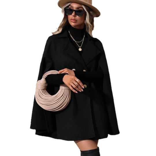 Damen Doppelreihiger Wollcape-Mantel mit Armöffnungen und Stehkragen Shop Nory