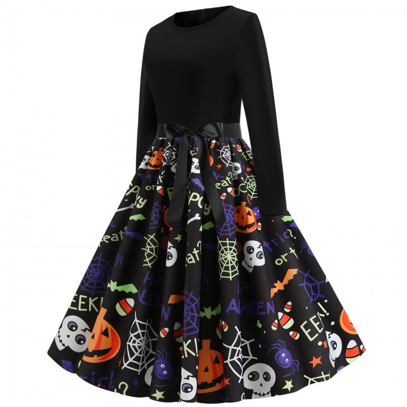 Damen Swingkleid mit Halloween-Print, taillierter Satin-Schärpe und langem Ärmel Shop Nory
