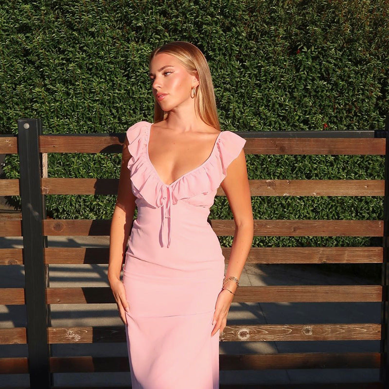 Damen figurbetontes Maxikleid mit Rüschendetails und V-Ausschnitt