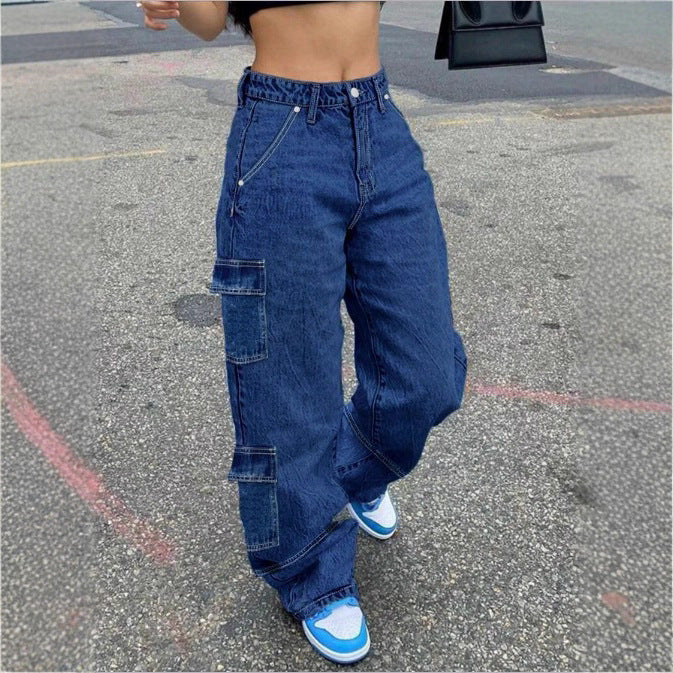 Damen Hochtaillierte weite Cargo-Denimhose mit elastischem Bund und Mehrfachtaschen Shop Nory