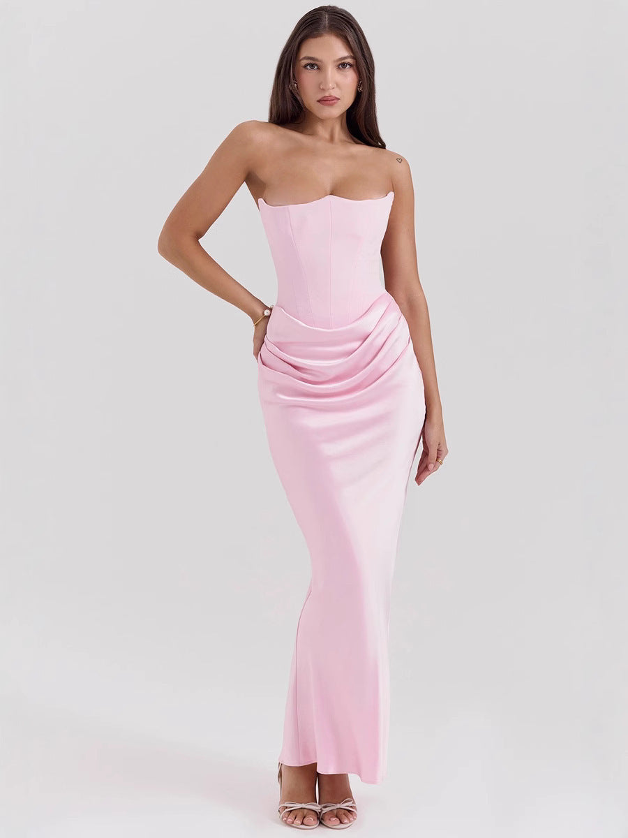 Damen Elegantes bodenlanges Kleid mit schimmerndem Taillenschnitt und gerafftem Rock