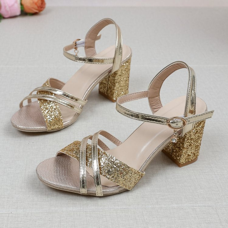 Damen Glamouröse Blockabsatz-Sandalen mit glitzernden Riemen