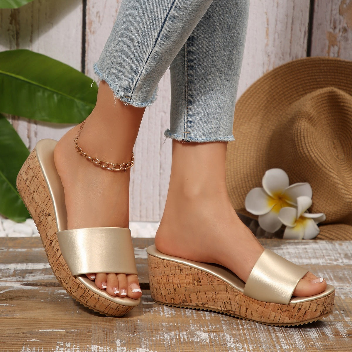 Damen Komfortable Wedge-Pantoletten mit breitem, verstellbarem Riemen