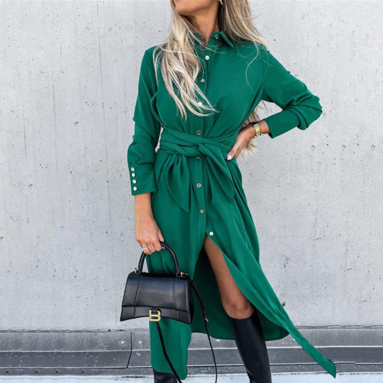 Damen Tailliertes Hemdblusen-Midikleid mit Bindegürtel, Manschetten und Frontschlitz Shop Nory