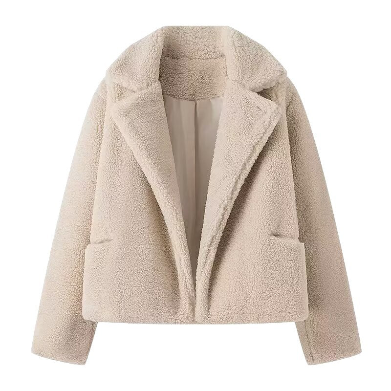 Damen Kurzer Kunstfell-Teddy-Blouson mit breitem Reverskragen Shop Nory