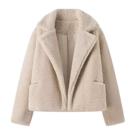 Damen Kurzer Kunstfell-Teddy-Blouson mit breitem Reverskragen Shop Nory