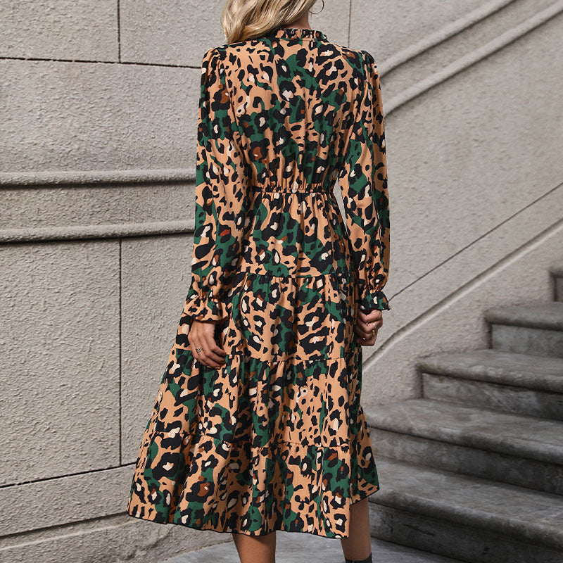 Damen Wickel-Midikleid mit Leopardenmuster, Stufenrock und elastischer Taillenpassform Shop Nory