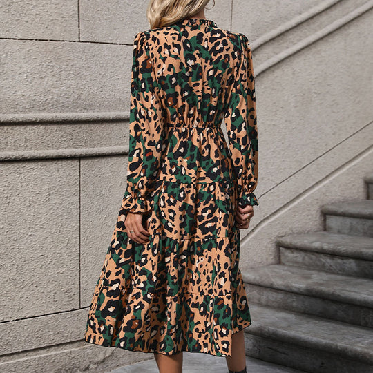 Damen Wickel-Midikleid mit Leopardenmuster, Stufenrock und elastischer Taillenpassform Shop Nory