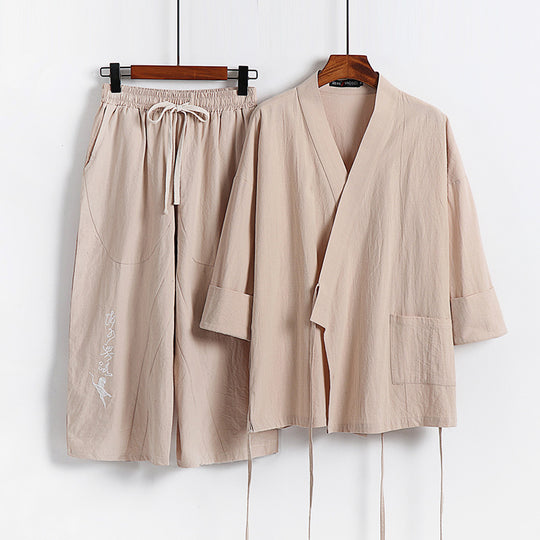Unisex Leichtes Kimono-Loungewear-Set aus Baumwoll-Leinen mit bestickter Haremshose und Bindegürtel Shop Nory
