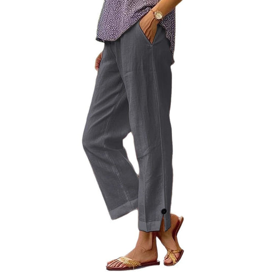 Damen Leinenhose mit lockerer, knöchellanger Passform, seitlichen Eingrifftaschen und Zierknopf-Details Shop Nory