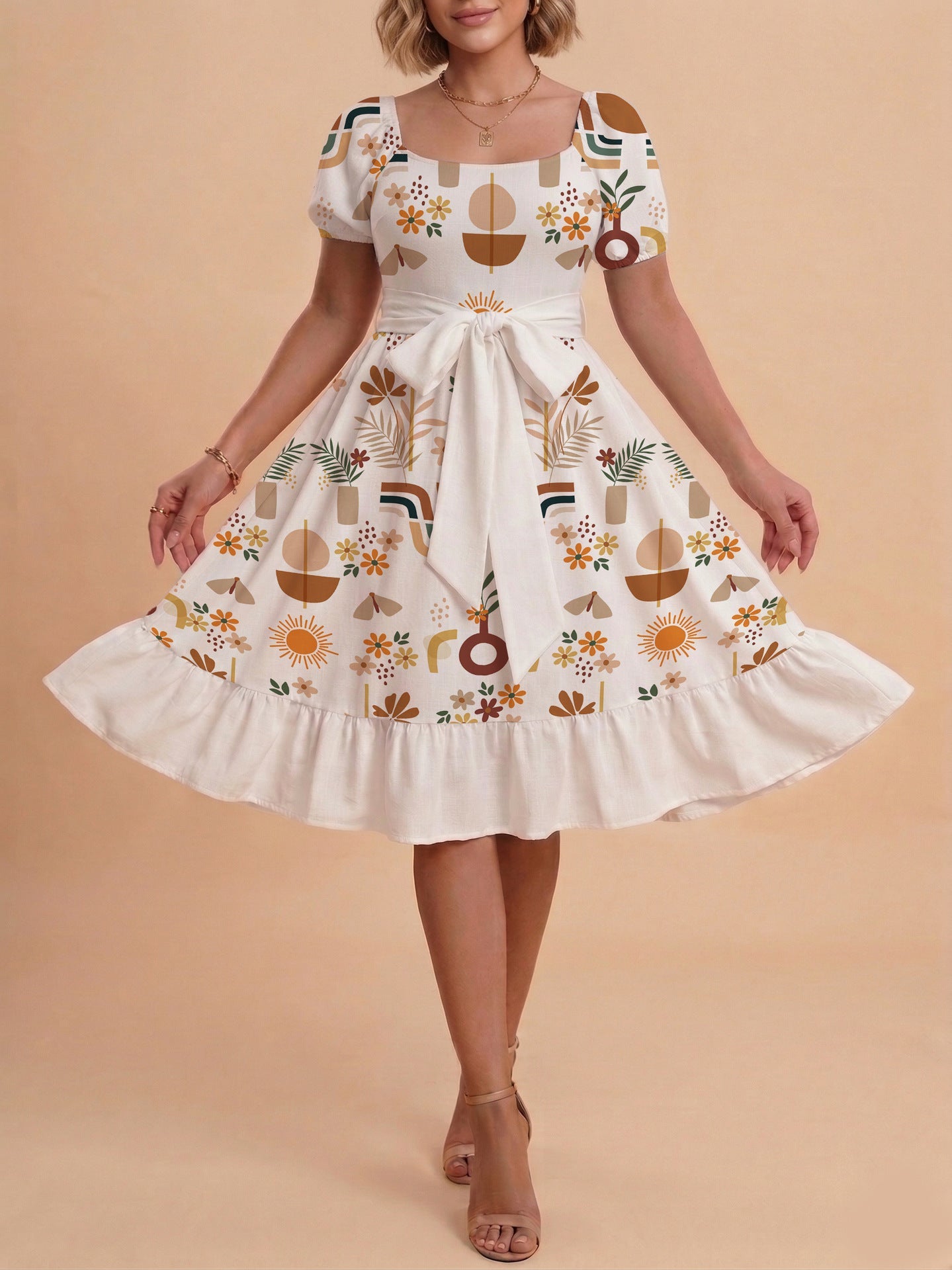 Damen Sommerliches Blumenkleid mit taillierbarem Gürtel und voluminösen Ärmeln