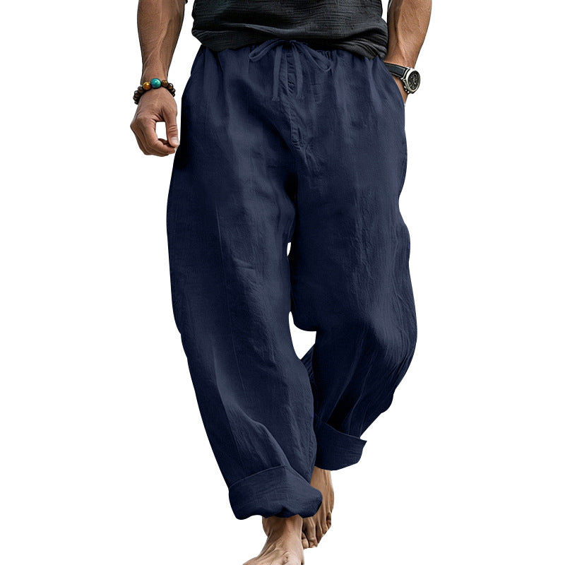 Herren Locker geschnittene Leinen-Loungehose mit Kordelzug, Umschlagsaum und Taschen Shop Nory