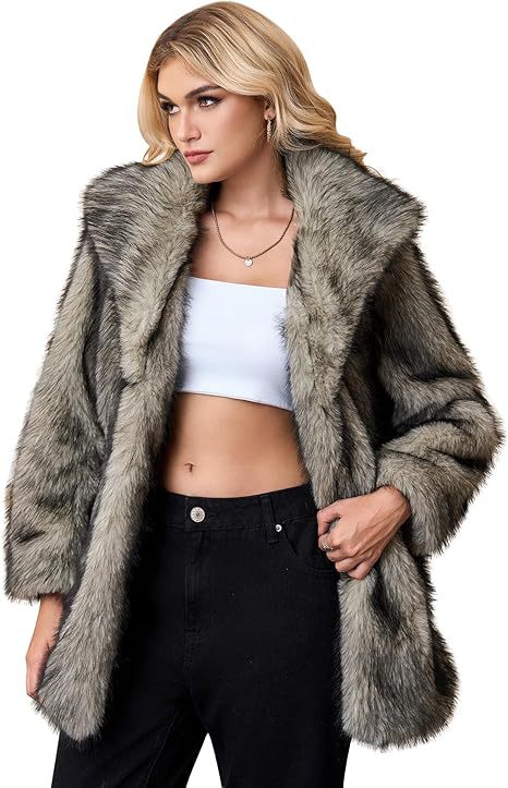 Damen Kurzer Faux‑Fur‑Mantel mit weitem Schalkragen, offener Front und Eingrifftaschen Shop Nory