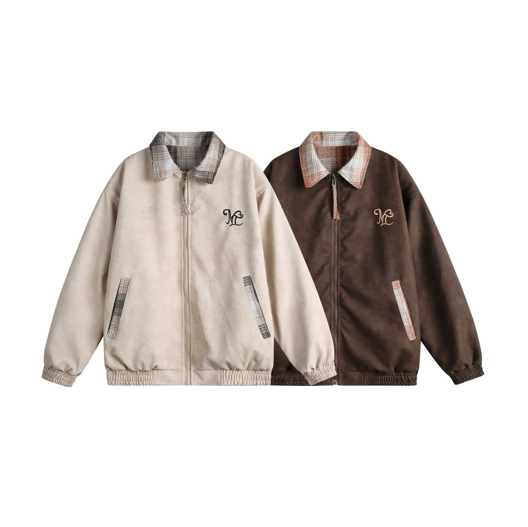 Damen Kurz geschnittene Boxy‑Jacke aus Wildleder‑Optik mit kariertem Kragen und elastischem Saum Shop Nory