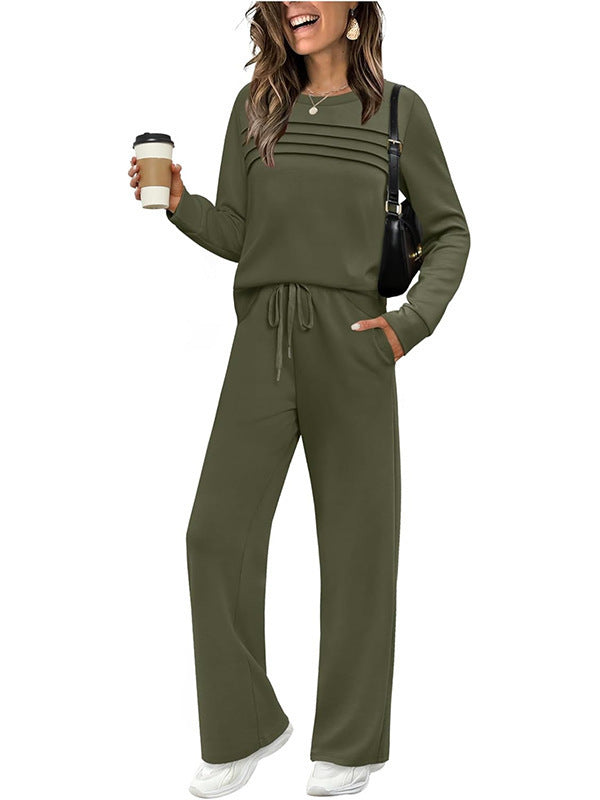 Damen Zweiteiliges Lounge-Set mit Plissee-Detail, Rundhals-Sweatshirt und weitem Kordel-Hose Shop Nory