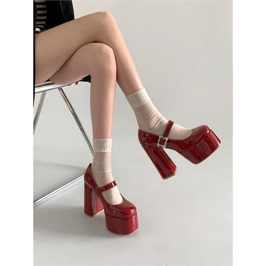 Damen Plateau-Mary-Jane Pumps mit hoher Plattform und sculpted Blockabsatz Shop Nory