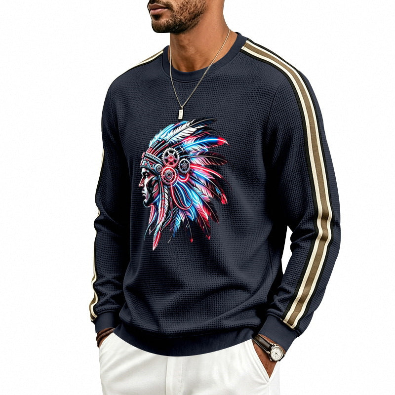 Herren Sweatshirt mit stilisiertem Kopfschmuck-Print und Kontraststreifen an den Ärmeln Shop Nory
