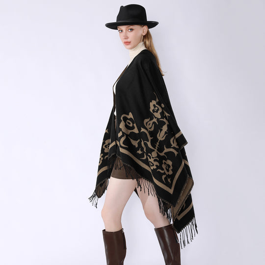 Damen Umhangponcho mit floralen Jacquard-Panels und Fransensaum Shop Nory