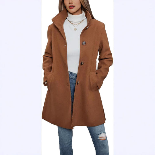 Damen Eleganter Wollmantel mit Hochgeschlossenem Kragen und Praktischen Taschen