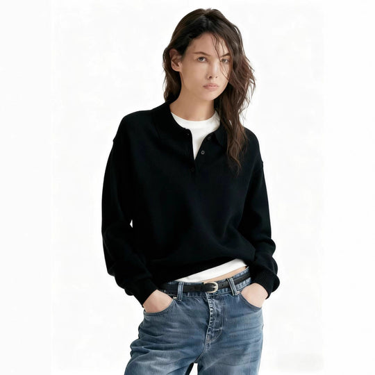 Damen Feinstrick-Polo-Sweater mit Knopfleiste und geripptem Saum Shop Nory