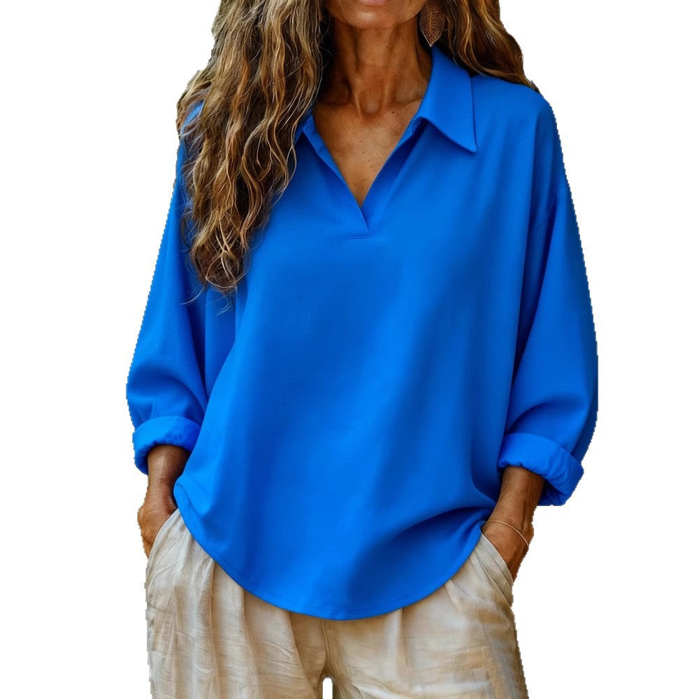 Damen lässige Bluse mit V-Ausschnitt und geknöpftem Kragen Shopnory